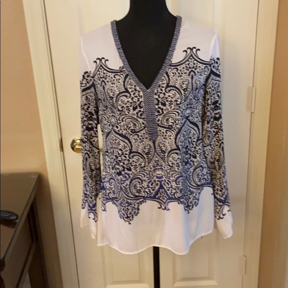 WHBM cream blouse with periwinkle design
